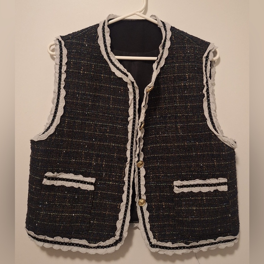 Black Tweed Vest with White Trim